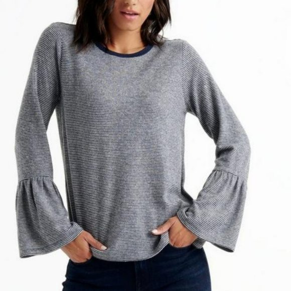 NWT Lucky Brand Soft and Slouchy Navy Striped Bell Sleeve Tunic Sweater Top - Picture 6 of 8